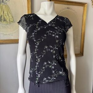 Y2K Floral Embroidered Black Top